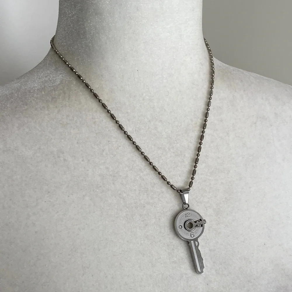 Silver Steampunk Key Clock Face Dial Industrial Minimalist Pendant Necklace